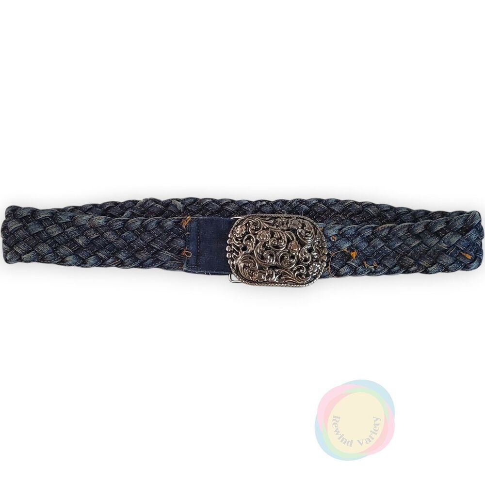 Vintage Braided Denim Belt Filigree Buckle 32.5 In
